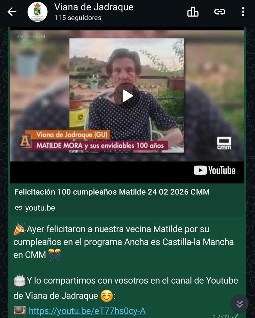 🎉Ayer felicitaron a nuestra vecina Matilde por su cumpleaños en el programa #anchaCLM <a href="/cmm_es/">Castilla-La Mancha Media</a> 🎊

🎂Y lo compartimos con vosotros en el canal de Youtube de #VianadeJadraque ☺️:
📺 youtu.be/eT77hs0cy-A