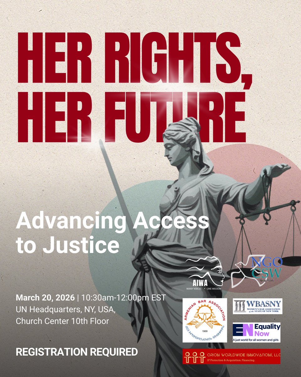 AIWAconnects's tweet photo. Join AIWA Greater NY for Her Rights, Her Future: Advancing Access to Justice

March 20, 2026 | 10:30 AM – 12 PM EST
Church Center for the UN, NYC
Free with registration

Register: https://t.co/Oy0IdUwu9U

#AIWAGreaterNY #UNCSW #CSW2026 #AccessToJustice #WomensRights https://t.co/7YTEgfw39k
