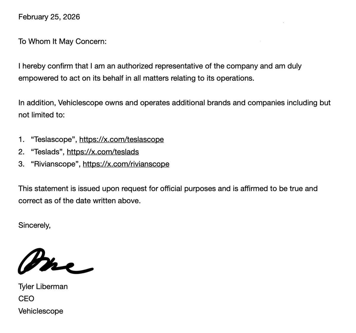 teslascope's tweet photo. This morning, we were contacted by X to confirm that we are the authorized representative of @vehiclescope (+ other sensitive documents).

This update is encouraging, and we'd like to thank everyone for their continued support.

For transparency, here is the letter we sent to @X. https://t.co/pSLbhKinrJ
