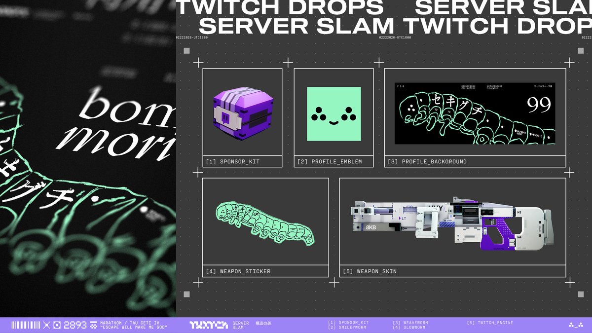 ‼️NEW: Marathon Server Slam Twitch Drops rewards:

- Twitch Sponsored Kit, aka Standard in-game loot (Watch for 1 hour)
- Profile Emblem: SMILEYworm (Watch for 1 hour)
- Profile Background: WEAVEworm (Watch for 2 hours)
- Weapon Sticker: GLOWworm (Watch for 3 hours)
- Weapon Skin