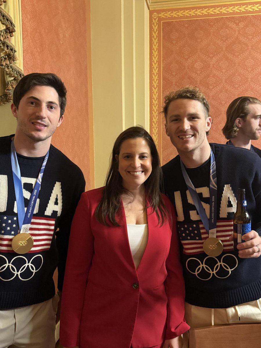 EliseStefanik's tweet photo. Last night’s State of the Union was a homerun and President Trump knocked it out of the park. I have attended all of his #SOTUs and he always delivers a great night. 

But I can’t share enough how incredible these amazing Team USA gold medalist hockey players are - down to earth & grounded, extremely professional, proudly patriotic, very honored and humbled for their deserved and hard earned win. You can tell they are hard, hard workers with a love of the game and the grit to overcome many challenges that each has personally faced and that they faced as a team. 

Many absolutely LOVE Lake Placid in #NY21 and Upstate New York and have many formative memories and experiences of hockey camps and games there especially growing up. I told them that I hoped they could hear the cheers across the Atlantic straight from Lake Placid especially, they all jumped and immediately said “We felt it!!” 

They shared their personal experiences over the past few days and also some inside play by play of what was going on in their heads during the game and after (the penalty kills, Hellebuyck’s unbelievable goal tending performance, the OT golden goal, the experience in Milan over the weeks and on the rink). We talked about their families and kids - and what this meant to their parents (all those dedicated hockey moms and dads!). I spoke extensively to many of these legends and Jack Hughes excitedly shared his love of reading when I thanked him for his Pucks and Pages charity reading program that he does with his brother. 

They represent America so well on the biggest stage in the world. 

Total pros and proud Americans ❤️🇺🇸🥇