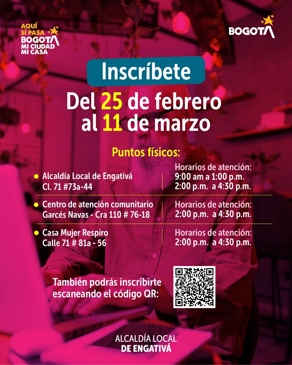 ¡Nunca es tarde para aprender!👩🏻‍💻👨🏽‍💻

Fortalece ahora tus habilidades digitales para que aprendas a realizar trámites digitales, pagar los servicios públicos y usar a la perfección tu celular.

Si te interesa, inscríbete hasta el 11 de marzo en👉🏼 bit.ly/3OrB46y.