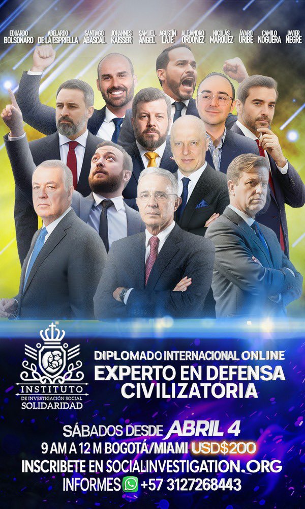 #diplomadoOnline hemos reunido la alineación más explosiva: <a href="/DELAESPRIELLAE/">DE LA ESPRIELLA STYLE</a> <a href="/AlvaroUribeVel/">Álvaro Uribe Vélez</a> <a href="/AgustinLaje/">Agustín Laje</a> <a href="/Santi_ABASCAL/">Santiago Abascal 🇪🇸</a> <a href="/Jou_Kaiser/">Johannes Kaiser. Diputado por el distrito 10</a> y más. El lado correcto de la historia da un paso adelante, llegó la hora de actuar a nivel mundial. Fórmate. Inscríbete en socialinvestigation.org/diplomado-inte…
