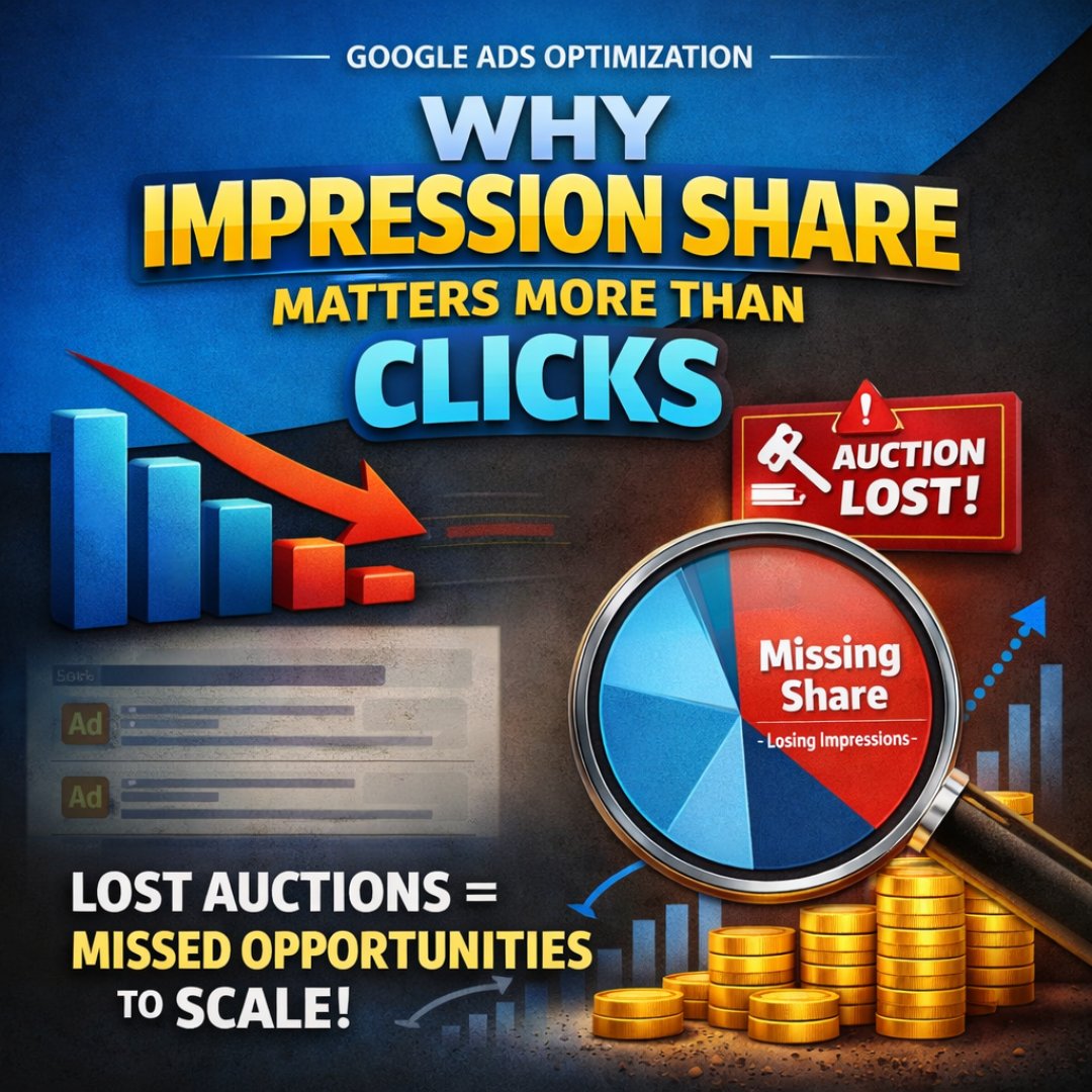 Clicks measure response.

Impression Share measures opportunity.

If you’re not appearing in auctions,
you’re not competing for demand.

Lost visibility = invisible revenue loss.
🔗 rakiburzaman.com

#GoogleAds #PaidMedia #ImpressionShare #AdStrategy #Marketing