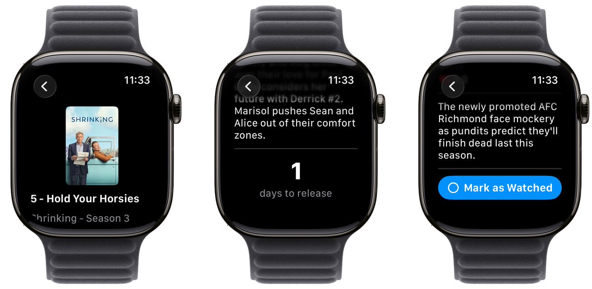 Your TV shows. Now on your wrist.

The new Apple Watch app for Movie Tracker lets you see upcoming episodes and mark them as watched in seconds. Also includes performance improvements, bug fixes, and better image loading.

Hope you enjoy this update. Feedback is welcome.