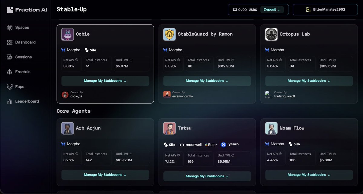 Avec Stable Up de <a href="/FractionAI_xyz/">Fraction AI</a>, les agents IA ne se contentent plus d’analyser : ils gèrent activement des stablecoins de façon autonome pour aller chercher le meilleur rendement possible.

Allocation dynamique des fonds entre <a href="/Morpho/">Morpho 🦋</a> , <a href="/yearnfi/">yearn</a> , <a href="/MoonwellDeFi/">Moonwell</a> , Silo et