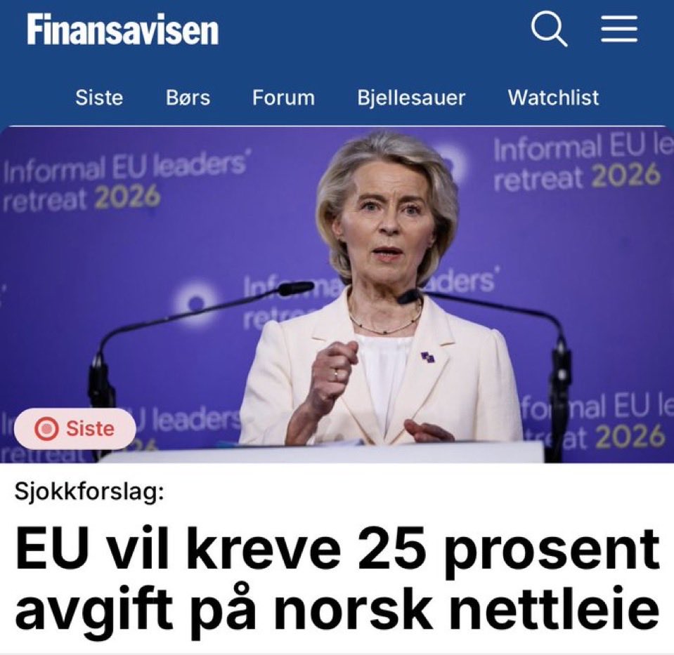 Hvor er ramaskriket fra mediene i Norge og politikerne?
Det ble ramaskrik når Trump skulle legge toll på norske varer på 10%, men nå er det helt stille når EU skal legge toll på norsk energi til Europa på 25%.
Underlig det der.