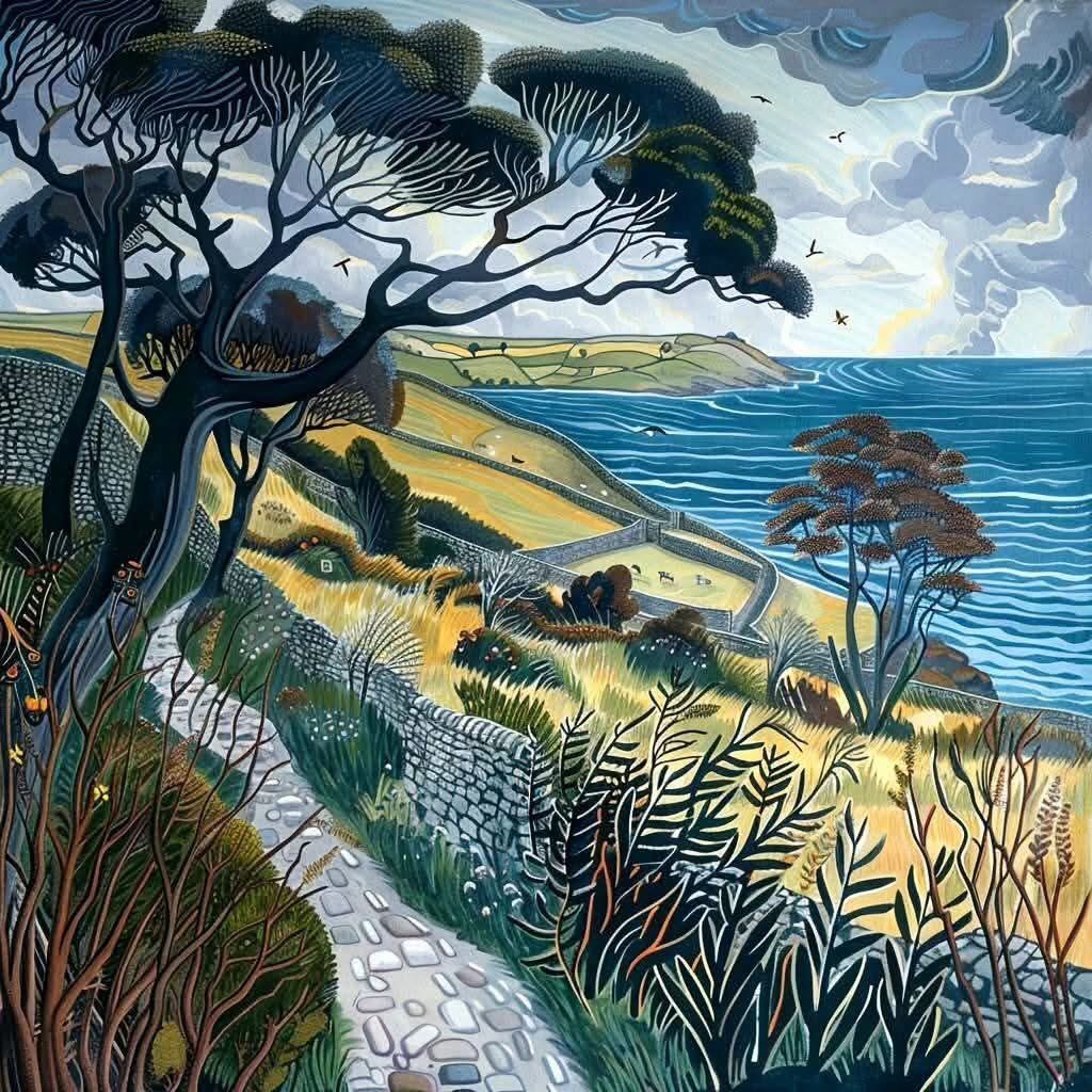 "Coastal Path", 2017
Artist Annie Soudain (British , born 1949)
Reduction Linocut, 38 × 41 cm.