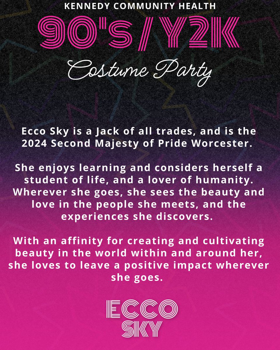 KennedyCHC's tweet photo. Kennedy community Health is excited to introduce you to one of this year's Costume Party performers: Ecco Sky. Join us on Friday, March 27th, at the Jean McDonough Arts Center in Worcester as we step back into the 90s and early 2000s for an evening full of entertainment. https://t.co/gD0GM8F4ay