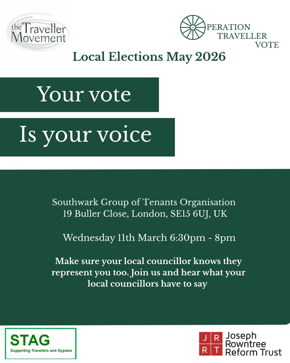 stagpeckham's tweet image. STAG is working with @GypsyTravellerM to host a hustings event for GRT communities on 11th March 6:30 - 8:00pm. Come along to hear from Southwark local Councillor candidates....you can ask about local Traveller sites and any other issues you are having. #Southwark #GRT #Peckham