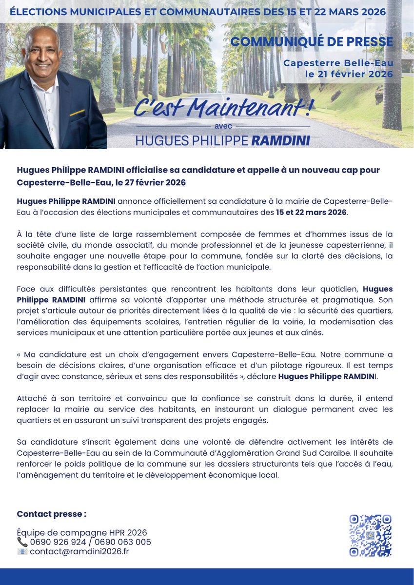 PhilippeRamdini's tweet image. 📰 C’est Maintenant ! Venez découvrir le nouveau cap pour Capesterre Belle-Eau. 
📍 Marquisat, près de l’ancienne usine de Capesterre B-E
📆 vendredi 27 février 2026
#CestMaintenant #PourToi