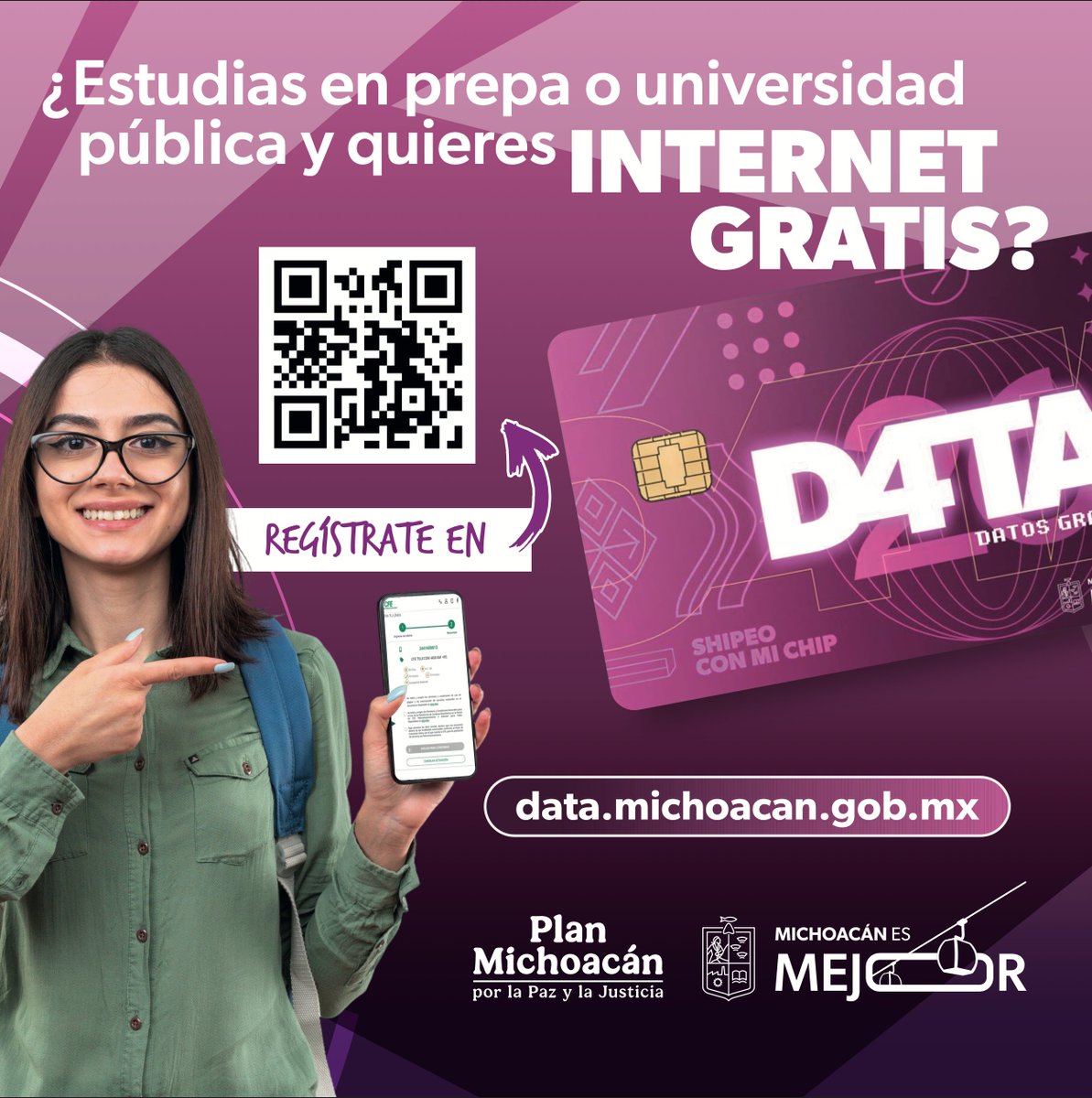 ¡Atención, jóvenes! Si estudian en prepa o universidad pública, en Michoacán tienen el derecho a internet gratis. Regístrate en data.michoacan.gob.mx. Con D4tA, datos gratis, estudiar y conectarse será más fácil que nunca. #MichoacánEsMejor