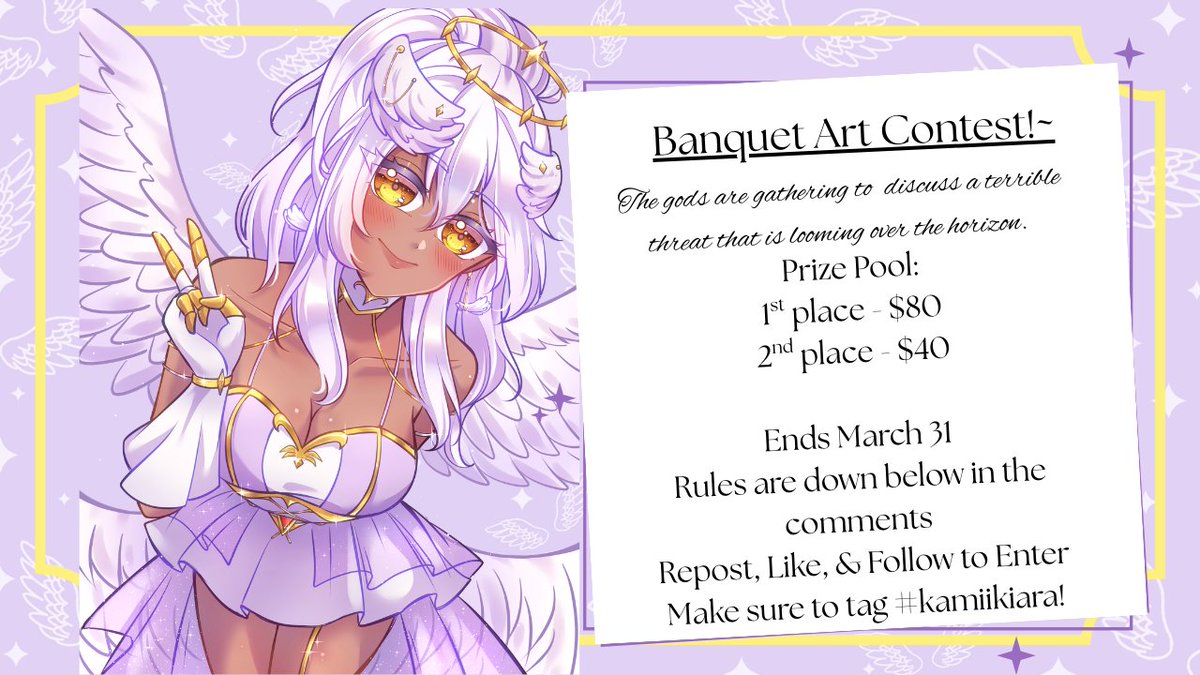 kamiikiaravt's tweet photo. 💫New Outfit Art Contest!~🪽
The gods are having a gathering to discuss the incoming dark threats but- I have nothing to wear! 

Prize Pool: 
🏆1st: $80 
🏆2nd: $40 
Ends March 31st 
Retweet, Follow, And Like to enter! 
Be sure to tag #kamiikiara and post design as well! 

Rules will be below~