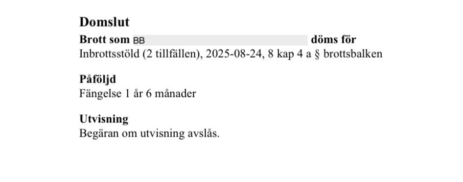 Svea HovR dömde i veckan en somalisk inbrottstjuv.

Det är mannens 22:a avsnitt i registret, där han redan förekommer med mordförsök, inbrottsstölder, narkotika m.m. 

Utländsk medborgare, livsstilskriminell, narkoman, lever på brott och svartjobb. Ändå får han stanna i Sverige.