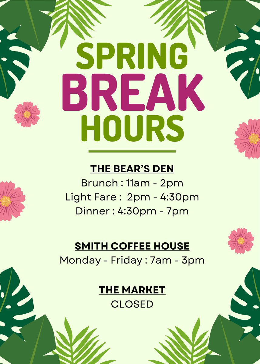 ShawneeDining's tweet photo. All dining locations will have adjusted hours for spring break next week. Know before you go! https://t.co/z8IOdLJn8G