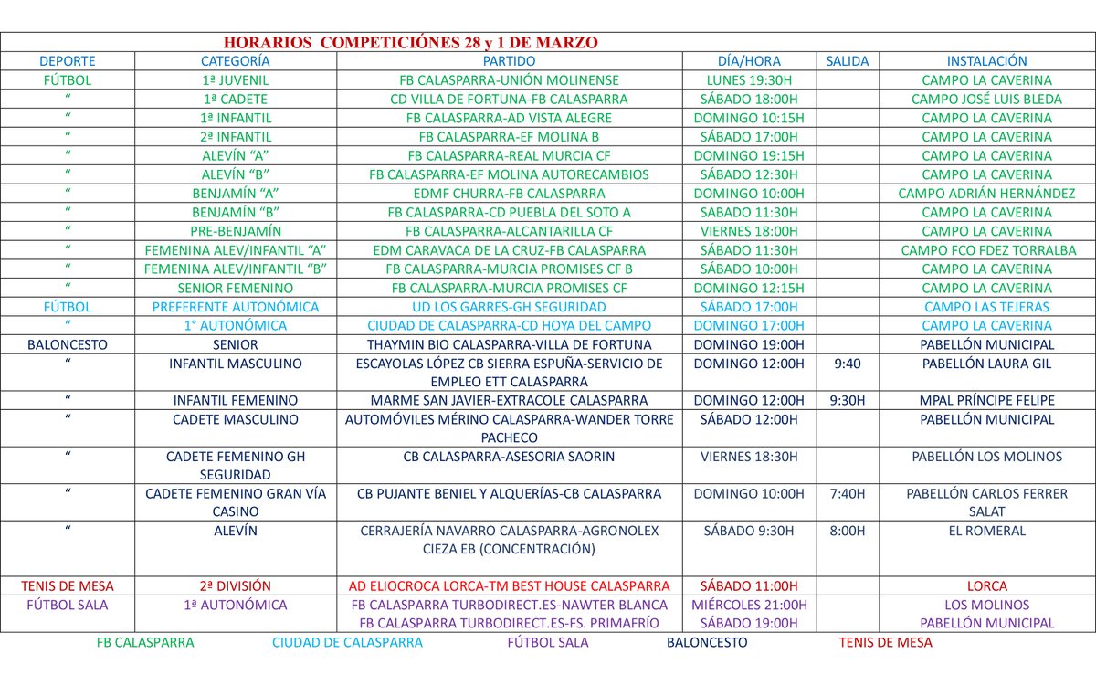 Horarios deportivos del fin de semana (28 y 1 de marzo) 🏀🥎⚽

#DeportesCalasparra