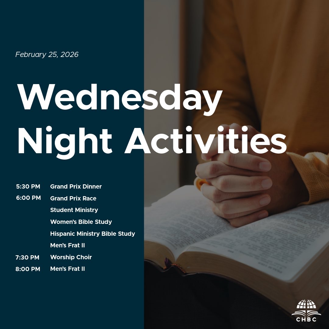 Lots of things happening tonight including the AWANA Grand Prix! Most regular Wednesday Night activities will meet in their normal locations. The Student Ministry Service will meet in a different location. Watch the Student Ministry GroupMe for that announcement. #CHBCOKC