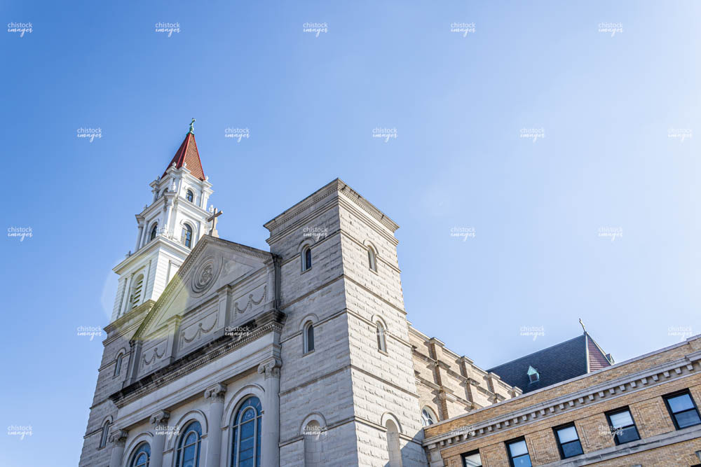 Angled exterior view of Our Lady of Sorrows Basilica National Shrine in East Garfield Park, Chicago.