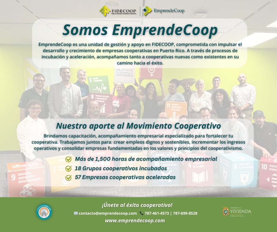 🤝 Impulsamos el cooperativismo en Puerto Rico.
En EmprendeCoop apoyamos a cooperativas nuevas y existentes con capacitación y acompañamiento especializado.
✅ +1,500 horas de acompañamiento
✅ 18 grupos incubados
✅ 57 cooperativas aceleradas 🚀 
#CDBGDR