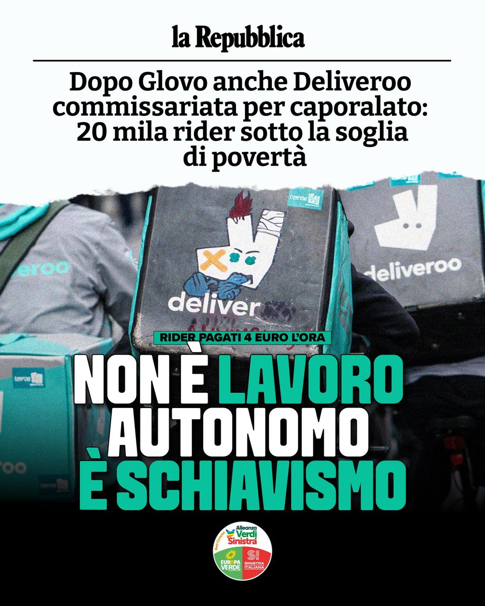 europaverde_it's tweet image. #Deliveroo: Questo non è lavoro autonomo, è schiavismo. Parliamo di lavoratori pagati poco  meno di 4 euro l’ora, governati da un algoritmo che di fatto organizza  tempi, prestazioni e continuità del reddito.

I  dati emersi nell’indagine sono allarmanti: secondo la Procura,