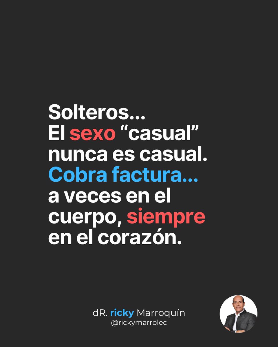 rickymarrolec's tweet photo. No, ese sexo no fue “casual”. Fue conexión.
Y una conexión que va más allá de lo que imaginas.
Cada vez que te entregas sin pacto y sin compromiso,
tu alma paga la factura después (siempre).

Lo llamas “placer”, pero muchas veces es vacío disfrazado.
Lo llamas “libertad”, pero terminas con más ataduras.
Lo llamas "nos amamos" pero el amor es paciente, espera y respeta.

La Biblia no lo dice por control, lo dice por amor:
“Huyan de la inmoralidad sexual…” (1 Corintios 6:18)

Si ya lo viviste: no estás condenado.
Pero si quieres sanar, deja de normalizar lo que te está rompiendo.
Deja de aceptar lo que en tu conciencia ya sabes que no está bien.
Deja de huir de la voz de Dios en tu interior.

Pregunta directa:🙄
¿De verdad quieres paz… o solo otra noche para no sentir?