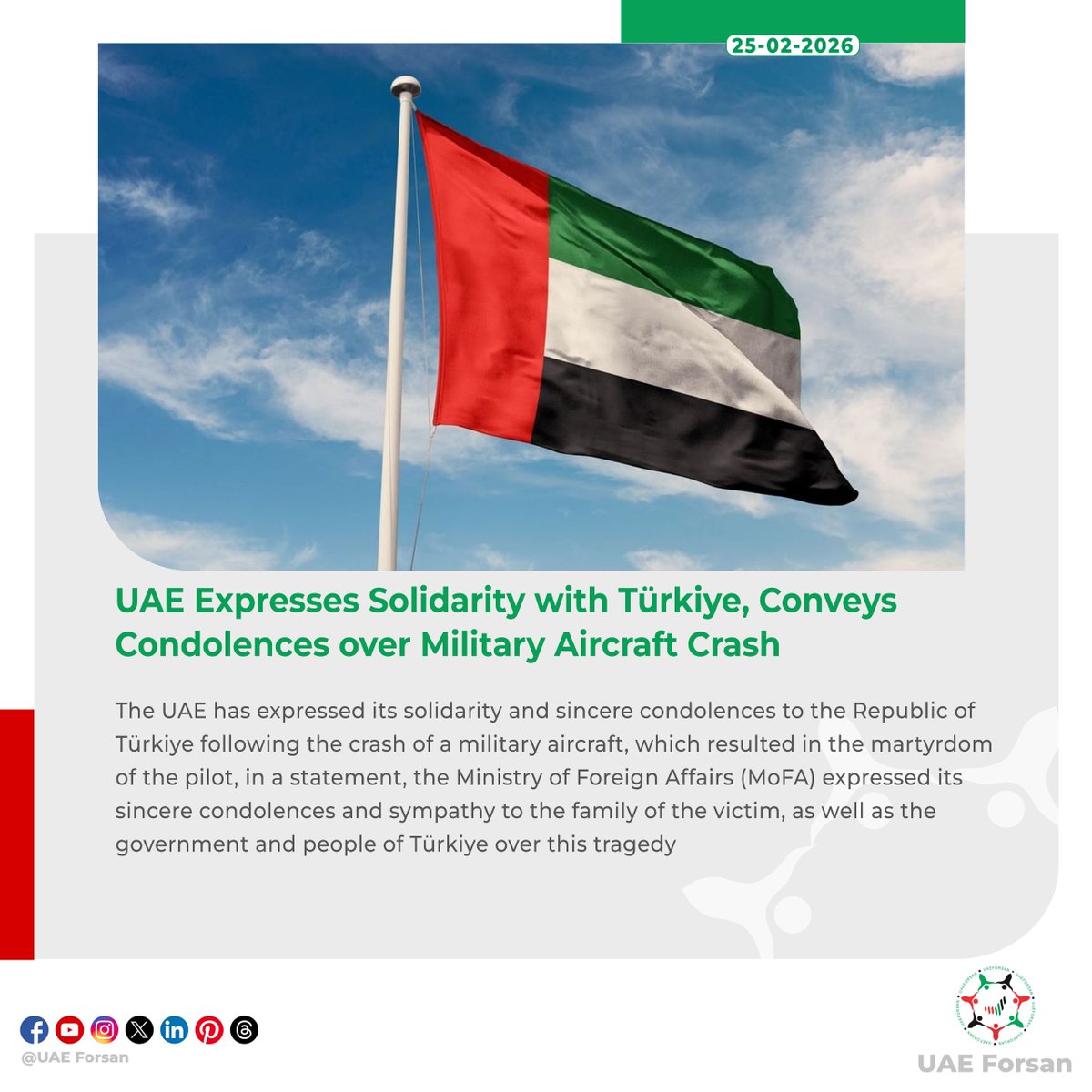 UAE_Forsan's tweet image. #UAE Expresses Solidarity with #Türkiye, Conveys #Condolences over Military Aircraft Crash
@mofauae 
@MFATurkiye
@UAEEmbassyANK