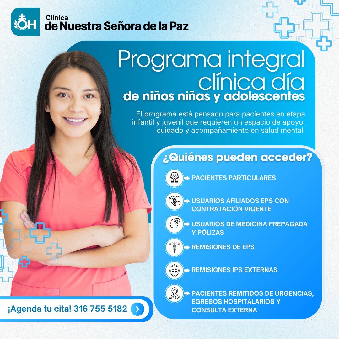 Cllapaz's tweet photo. 💙 La salud mental de niños, niñas y adolescentes sí importa.

En la Clínica de Nuestra Señora de la Paz contamos con nuestro Programa Integral Clínica Día, un espacio especializado de apoyo, cuidado y acompañamiento en salud mental. ✨

📲 Agenda tu cita al WhatsApp 316 755 5182 https://t.co/9WklonX9m7