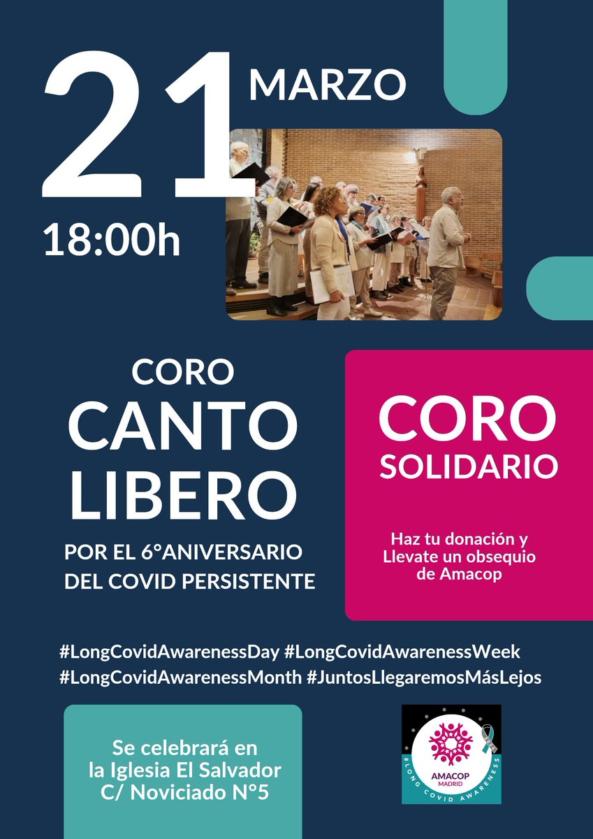 Como tod@s sabéis, se acerca nuestro 6º Aniversario y queríamos hacer algo especial:

🎼 El Coro Canto Libero dará un concierto en beneficio de AMACOP (Coro donde canta nuestra querida compañera Pepa) 

Cuándo: 21 de marzo

Dónde: Iglesia El Salvador. Calle Noviciado nº5