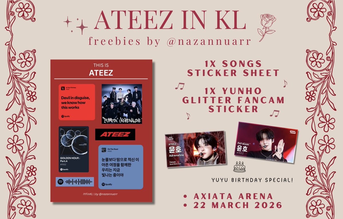 🌹 ATEEZ In Your Fantasy in KL 🌹
freebies by @nazannuarr 🍥

i loveee stickers so… stickers freebies for everyone~ 🍡

just say hi! don’t be shy because i’m also shy 😂

#ATEEZinKL #IYFinKL