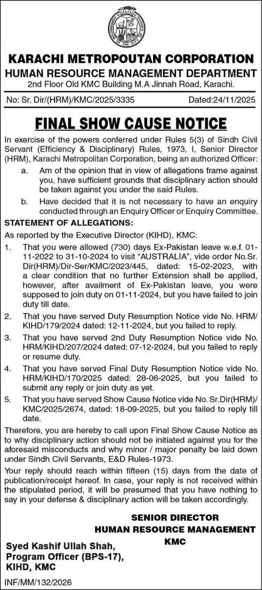 Crackdown on ghost employees begins.

Following strict directives from Mayor <a href="/murtazawahab1/">Murtaza Wahab Siddiqui</a> to streamline the affairs of the KMC, action has been launched on complaints against officers and against those failing to report for duty — with visible results coming soon.

An operation