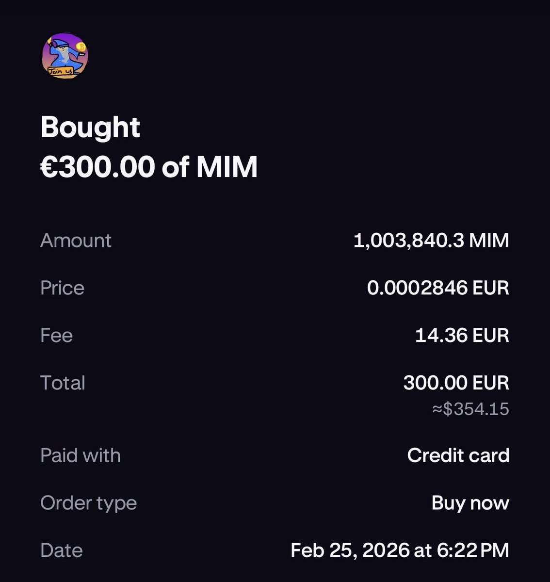 Another million $MIM added to the bag

I still don’t have enough Magic Internet Money