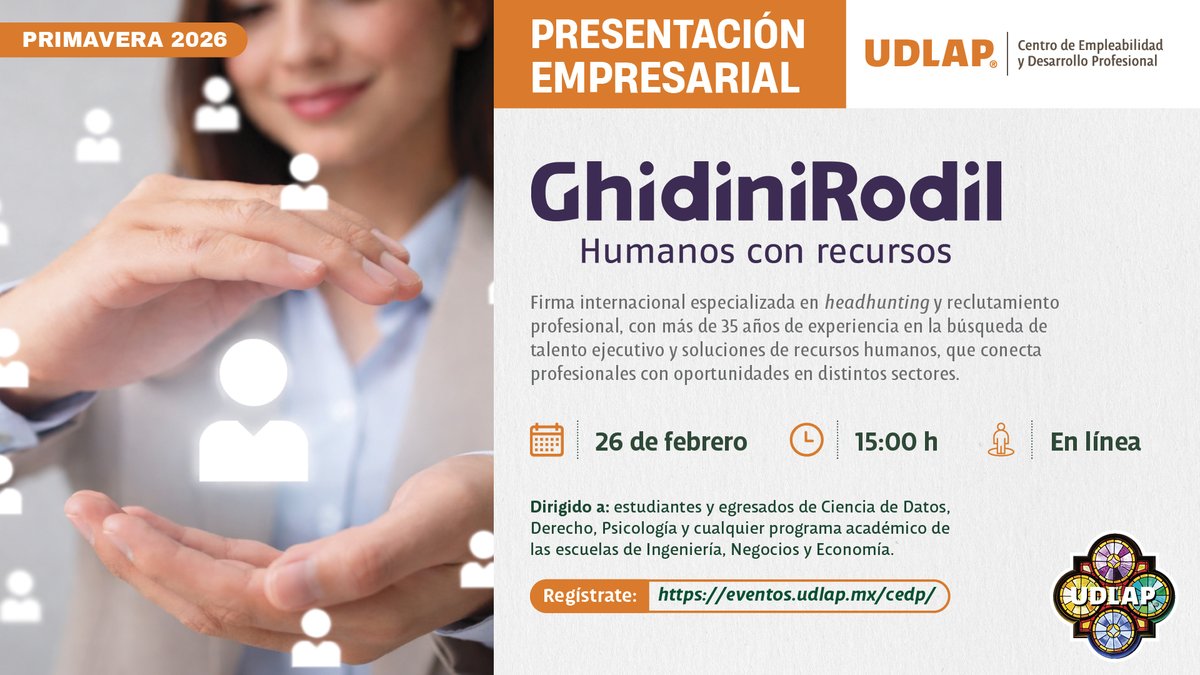 CDP_UDLAP's tweet photo. Presentación empresarial de #GhidiniRodill compañía líder en recursos humanos y reclutamiento profesional en Latinoamérica, con fuerte presencia en Argentina. 
Regístrate aquí: https://t.co/2WHlNhvV8i

#CEDPUDLAP #EmpleabilidadUDLAP #RedDeEmpleoUDLAP #LoMejordelaUDLAPEresTú https://t.co/qrOzX8IrhV