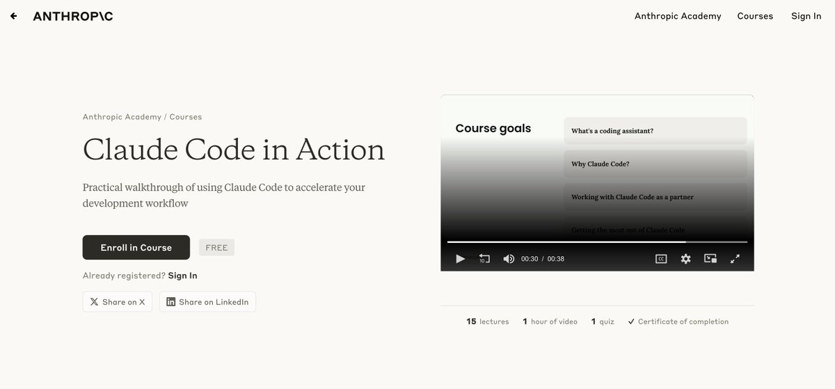 Les dejo un curso buenísimo de Claude Code.

Es de Anthropic y tiene certificado al final.

Dura 1 horita y tiene distintas secciones:
- setup de Claude
- MCPs
- integración con GitHub
- hooks

Link:
anthropic.skilljar.com/claude-code-in…