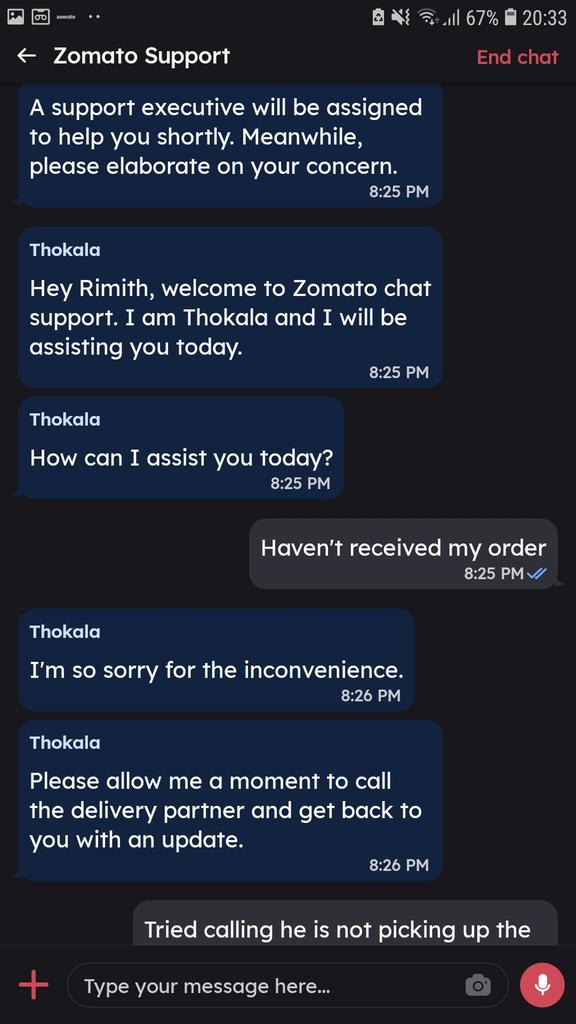 RimithStephen's tweet photo. Even after paying all sorts of fees, your order dos not not delivered. Although they initiated my refund, but we were hungry that time, more than refund we wanted food. That's what zomato suppose to do, deliver in times of emergency.
@zomato @deepigoyal https://t.co/hSHb5rGDYH