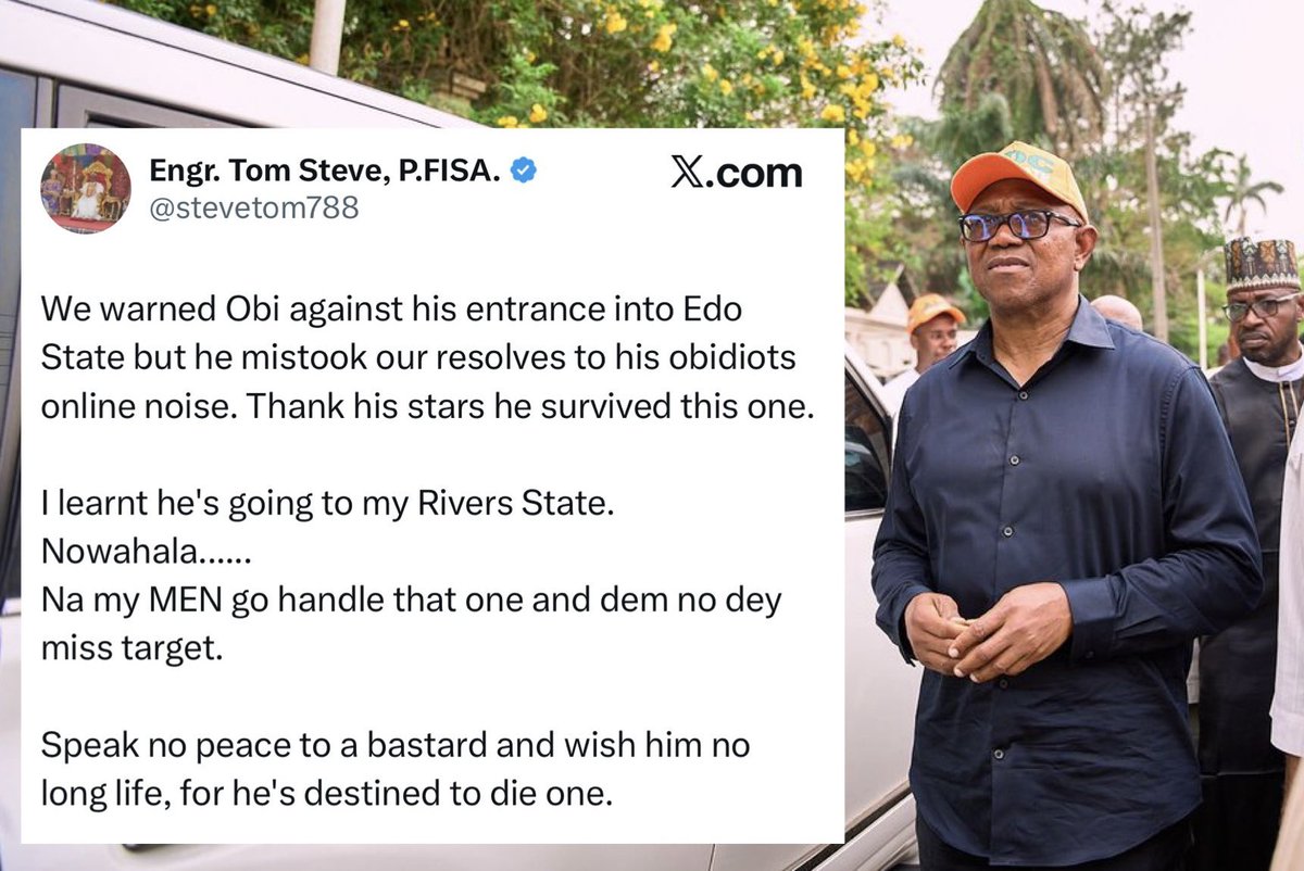 A River state man issue a strong warning to Peter Obi. 

This is it, we are now in for this type of game.

Anyway Obi will come to River State, let your men get ready to kill him. 

When you get away with this very one, you will understand why he is called Okwute.