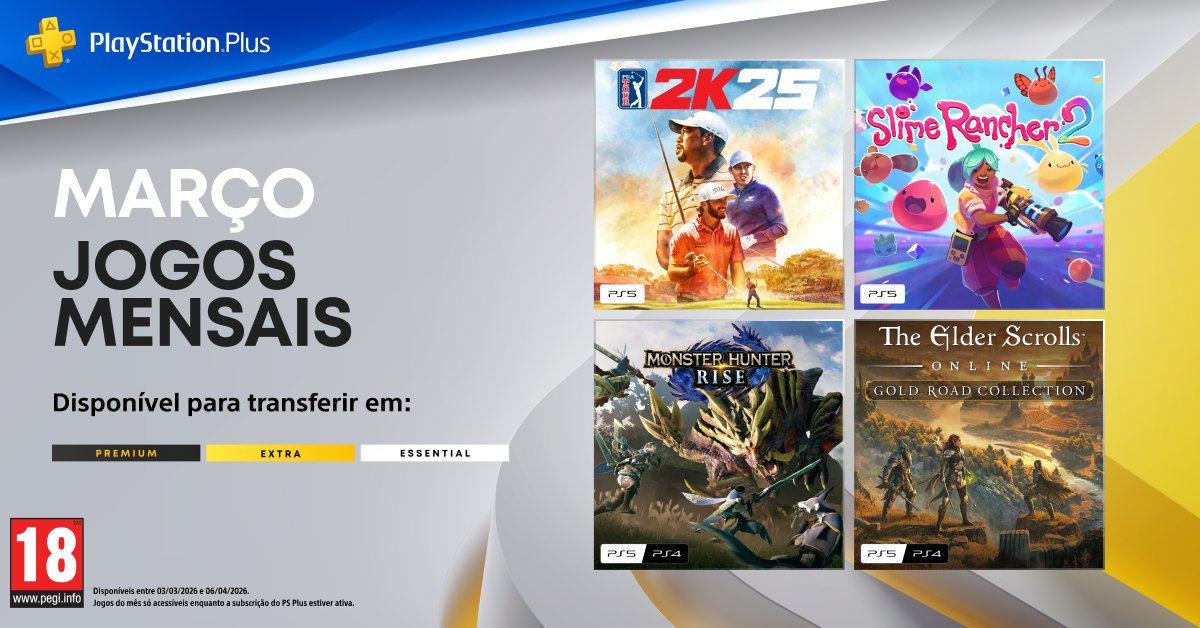 Conhece os #JogosDomês de MARÇO do PlayStation Plus:
🏌️ PGA Tour 2K25 
🌱 Slime Rancher 2 
⚔️ Monster Hunter Rise 
🐉 The Elder Scrolls Online

Toda a informação: play.st/4qZ4AhE
#PlayStationPlus