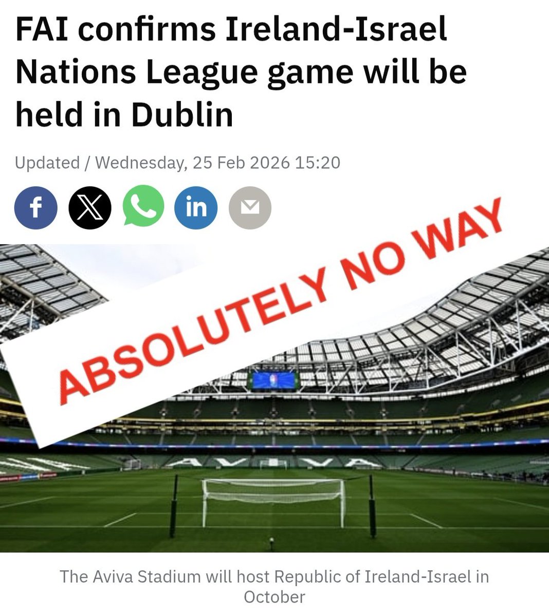 We reiterate our demands, we uphold the Palestinian boycott call, UEFA must expel Israel for its crimes against Palestinians, until then the FAI should refuse to play these fixtures. No-one should play the apartheid state, anywhere. #BanIsrael #FreePalestine
