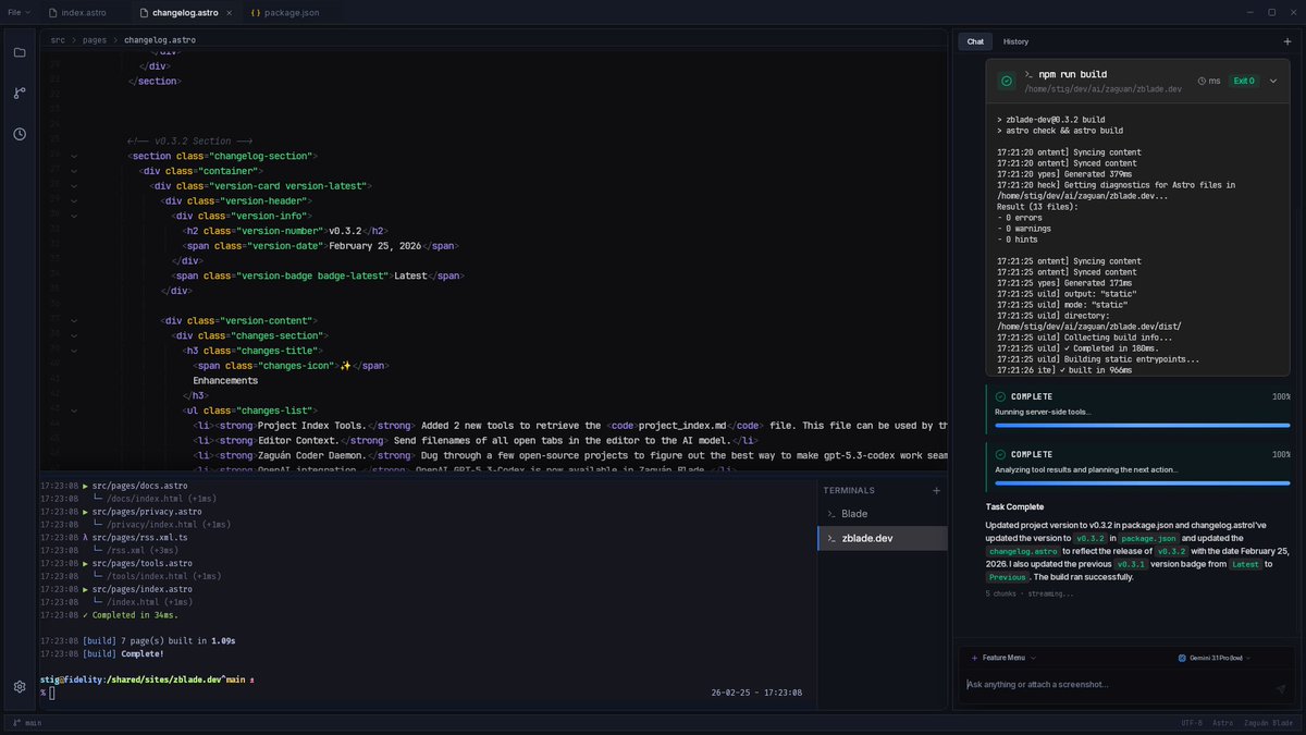Zaguan_AI's tweet photo. Zaguán Blade v0.3.2 released.

GPT-5.3-Codex added.
If you encounter any bugs with this model, please report it on @github.

The full changelog in the image below.

https://t.co/d5I6fLPUBq

#zblade #vibecoding #notvscode #AI #ZaguanBlade #NewRelease https://t.co/lcz49QJcYb
