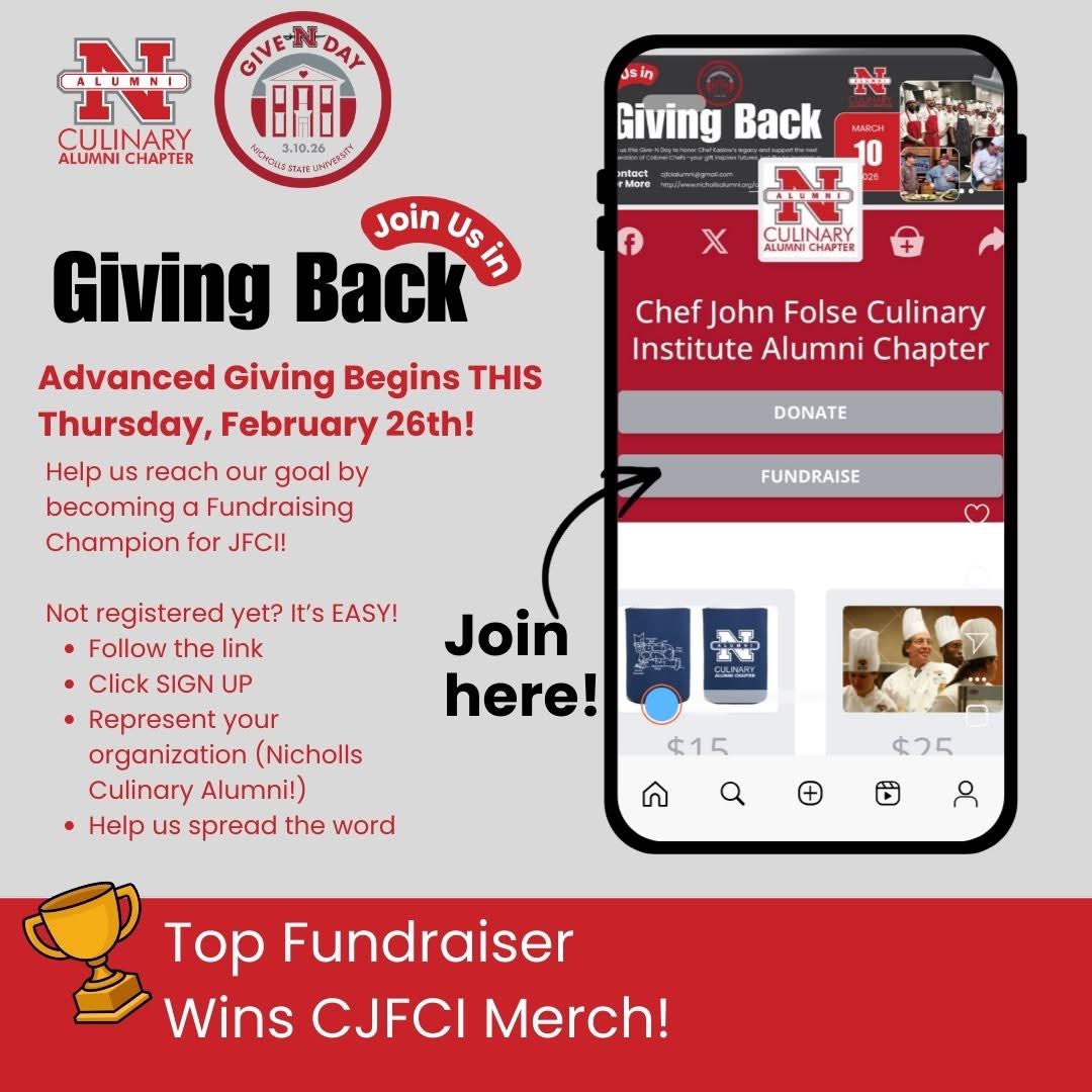 BryceSilvio's tweet photo. Advanced Giving starts Thursday, Feb 26! Become a Fundraising Champion for Nicholls Culinary Alumni! 👨‍🍳💛
Not registered? It’s EASY: ✅ Sign up ✅ Represent Nicholls Culinary Alumni ✅ Share with your network
 🔗 https://t.co/aaQ4KHqPAn
#GiveNDay #NichollsCulinary https://t.co/vaXcXHunPi