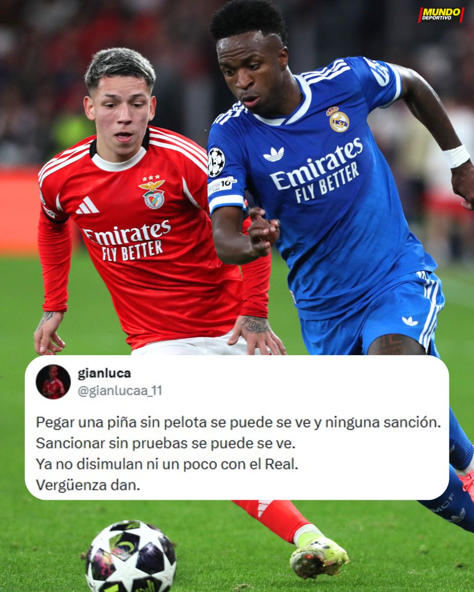 💥 'Rajada' de Prestianni tras la sanción de la UEFA

📲 El mensaje en redes sociales que acabó borrando: "Pegar una piña sin pelota se puede, se ve y ninguna sanción. Sancionar sin pruebas se puede, se ve. Ya no disimulan ni un poco con el Real. Vergüenza dan"