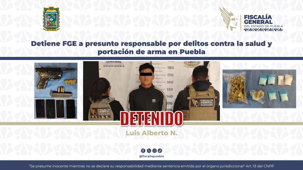 GOLPE A LA DELINCUENCIA | Detención en Puebla Capital. 👮‍♂️⚖️
La <a href="/FiscaliaPuebla/">FGE Puebla</a> logró la captura de Luis Alberto N. tras un operativo de investigación. El sujeto es señalado como presunto responsable de delitos contra la salud y portación de arma de fuego sin licencia.