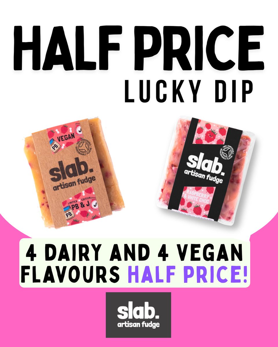 slabfudge's tweet photo. Half Price Lucky Dip 🥳

The glorious return of the sunshine this week has put us in such a good mood that we’ve put 8 of our flavours randomly at HALF PRICE!

Offer available while stocks last, absolutely NO CODE REQUIRED! https://t.co/bVxVXz54kb