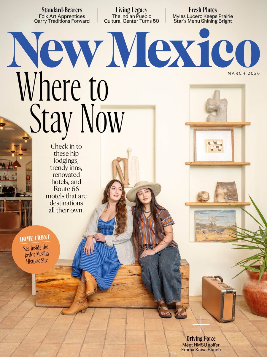NMMagazine's tweet photo. 🧳 Pack your bags! 🧳 
Check into these hip lodgings, trendy inns, renovated hotels, and Route 66 stops. Plus: IPCC turns 50, folk art apprentices carry traditions forward, Pairie Star shines, the Taylor-Mesilla site reopens, NMSU golfer Emma Bunch is an ace, and much more. https://t.co/bBCHTkdYAM