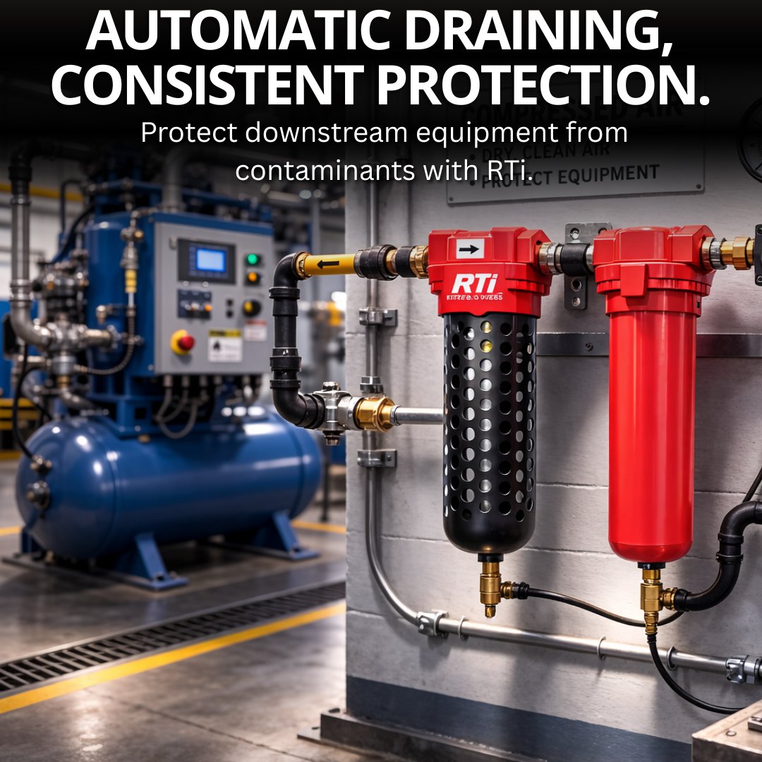 The RTi Coalescer Automatic Drain is designed for mainline or point-of-use applications where oil and fine particulate removal is critical.

This unit helps protect equipment by delivering cleaner compressed air. 

Click here for more: na2.hubs.ly/H03WqFw0

 #rti