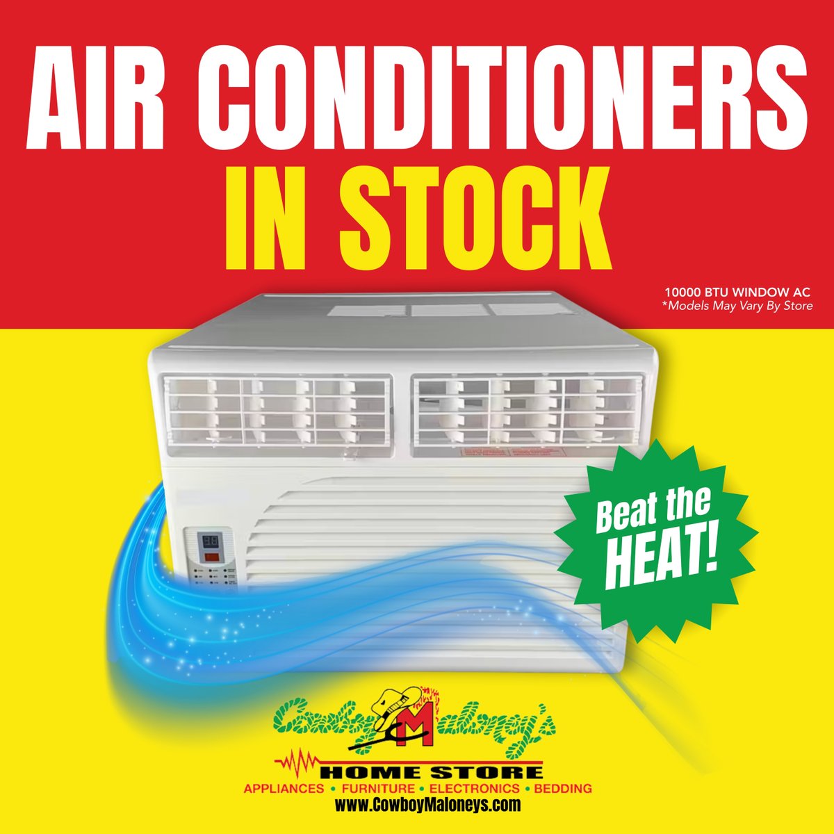 CowboyMaloneyMS's tweet image. The weather is warming up, so beat the heat!

Air Conditioning units are in stock at your local Cowboy Maloney's 🌬️ Call or visit us today!

#CowboyMaloneys #HomeStore #HomeUpgrade #YourHomeStartsHere #ShopLocal #HomeEssentials #NewAppliances #GreatDeals #Savings