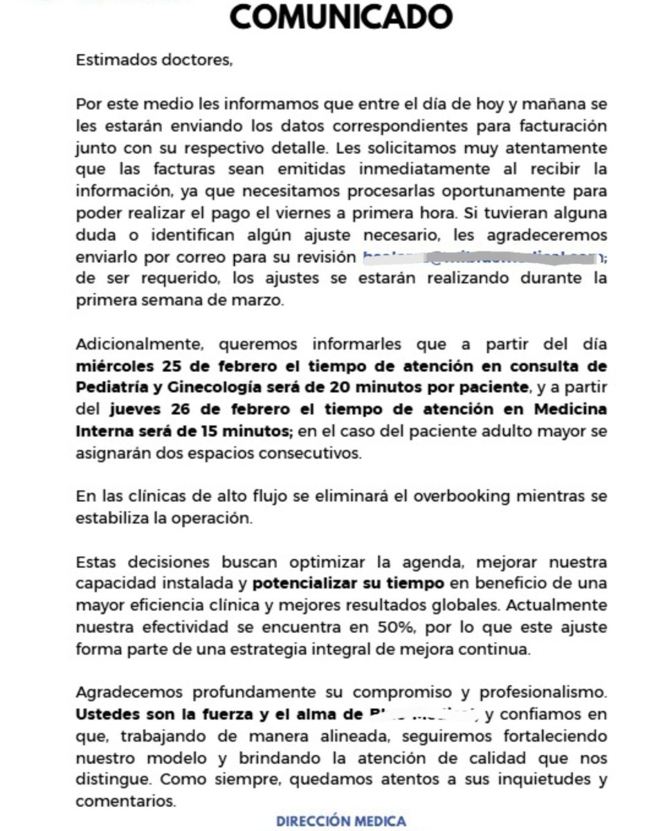 adrilarru's tweet photo. ATENCIÓN:

He recibido una denuncia anónima sobre un centro de diagnóstico y urgencias médicas. Están exigiendo que los pacientes sean atendidos en solo 15 minutos (Medicina Interna) y 20 minutos (Ginecología), cuando el tiempo estándar es de una hora. (1/2) https://t.co/e1XnM3fUIo