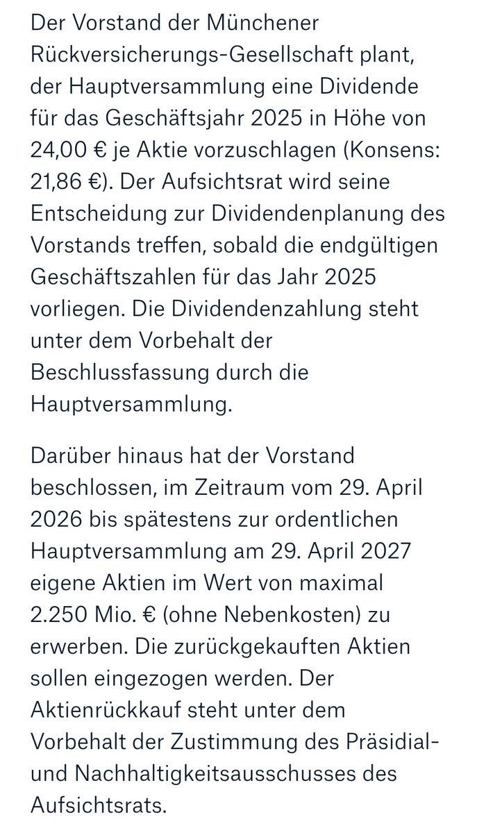 Aktionaer0815's tweet image. Katsching! 🤑
Die #MunichRe erhöht die #Dividende auf 24€ pro Aktie und kauft eigene Aktien bis 2, 25 Mrd € zurück. Das Unternehmen führt somit insgesamt 5,3 Mrd € an Kapital zurück! #Dividendenwachstum vom feinsten! 😊👌💰💸📈
