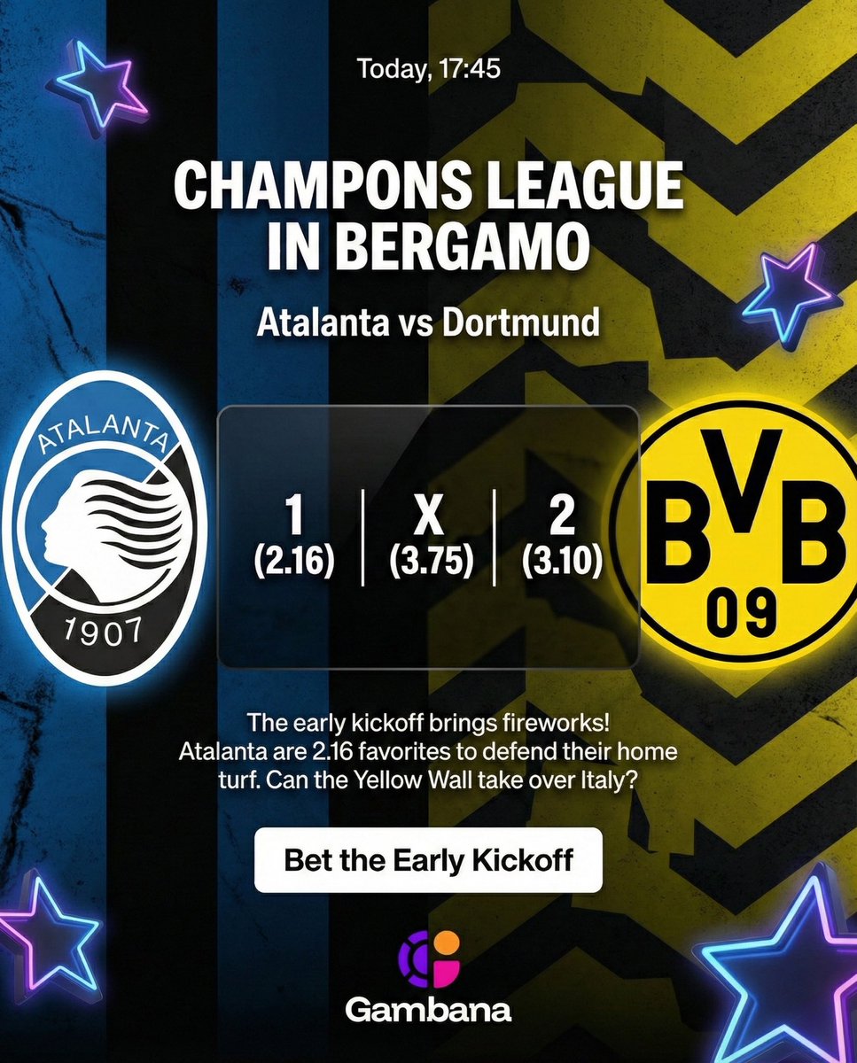 Early UCL Kick off today with Atalanta at home trailing by two against Borussia Dortmund.🫣

Do you think they have what it takes to comeback?

Bet now at Gambana.com 🔥