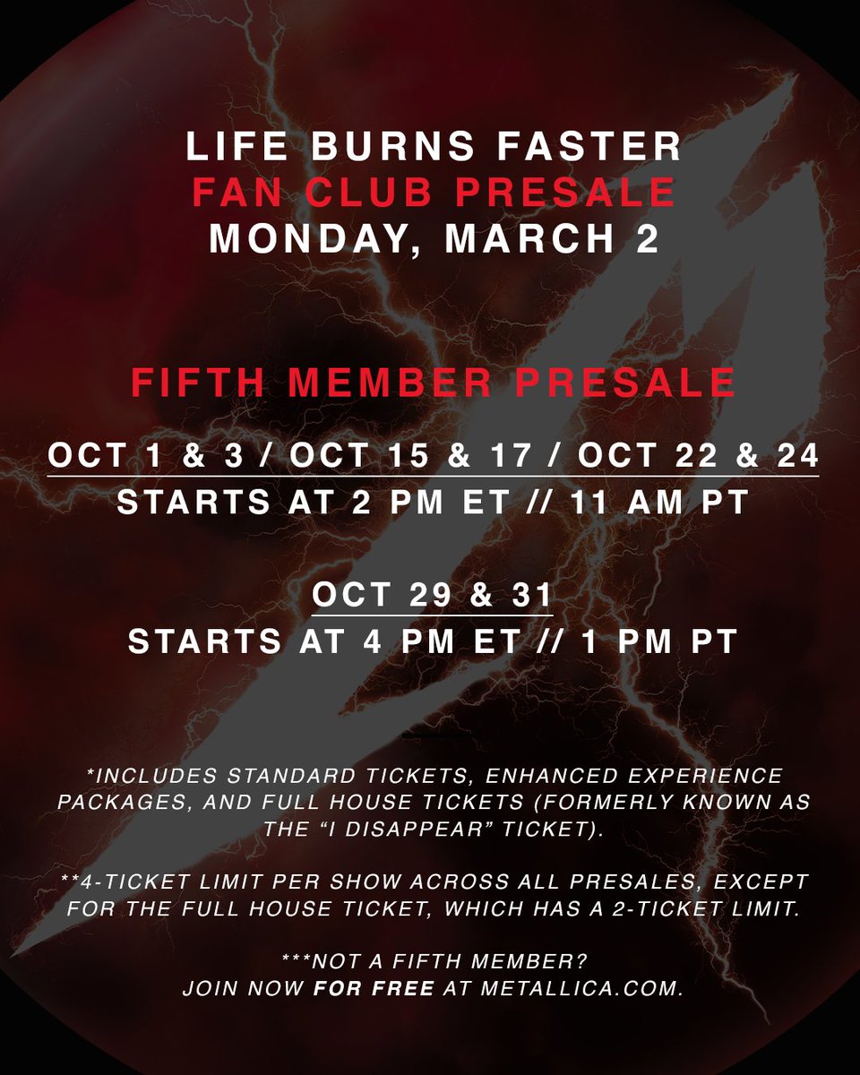 🎫 Save the dates… we’ve got a load of ticket presales for you leading up to the general sale on Friday, March 6, for our Life Burns Faster residency at Sphere in Las Vegas.

Get all the info at metallica.lnk.to/MetallicaSphere.
