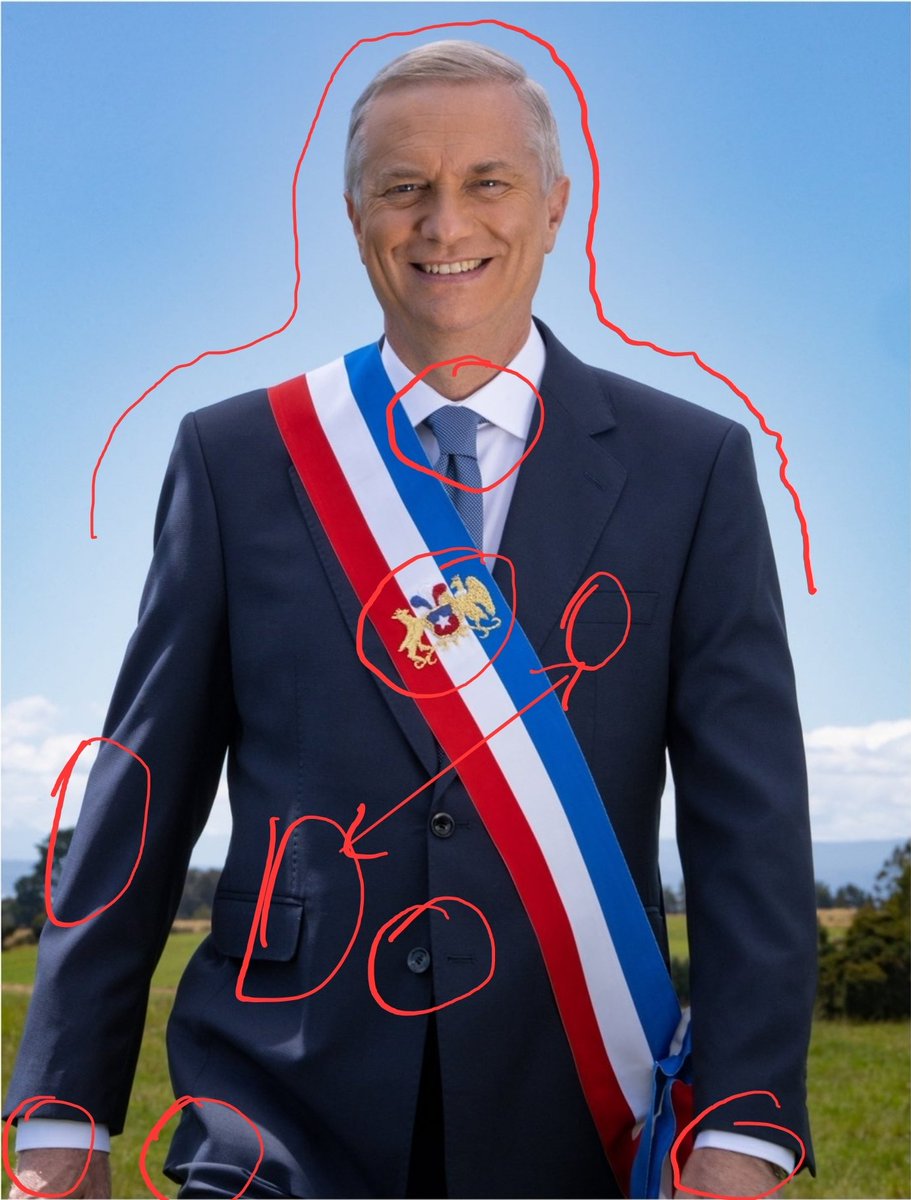 Toca hablar de esta imagen:
.Nudo de corbata chueco
.Subir sombras dejó halo en contorno
.Escudo no se usa en banda
.Luces y sombras de izquierda a derecha, no usaron sombra completa
.Botón de abajo desabrochado 
.Traje arrugado abajo
.Manos cortadas, la derecha topando el margen